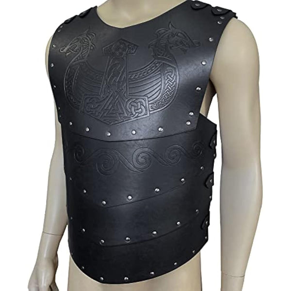 HiiFeuer Viking Faux Leather Embossed Langskip Chest Armor, Retro Medieval Knight Leather Armor for LARP/Cosplay (Black B)