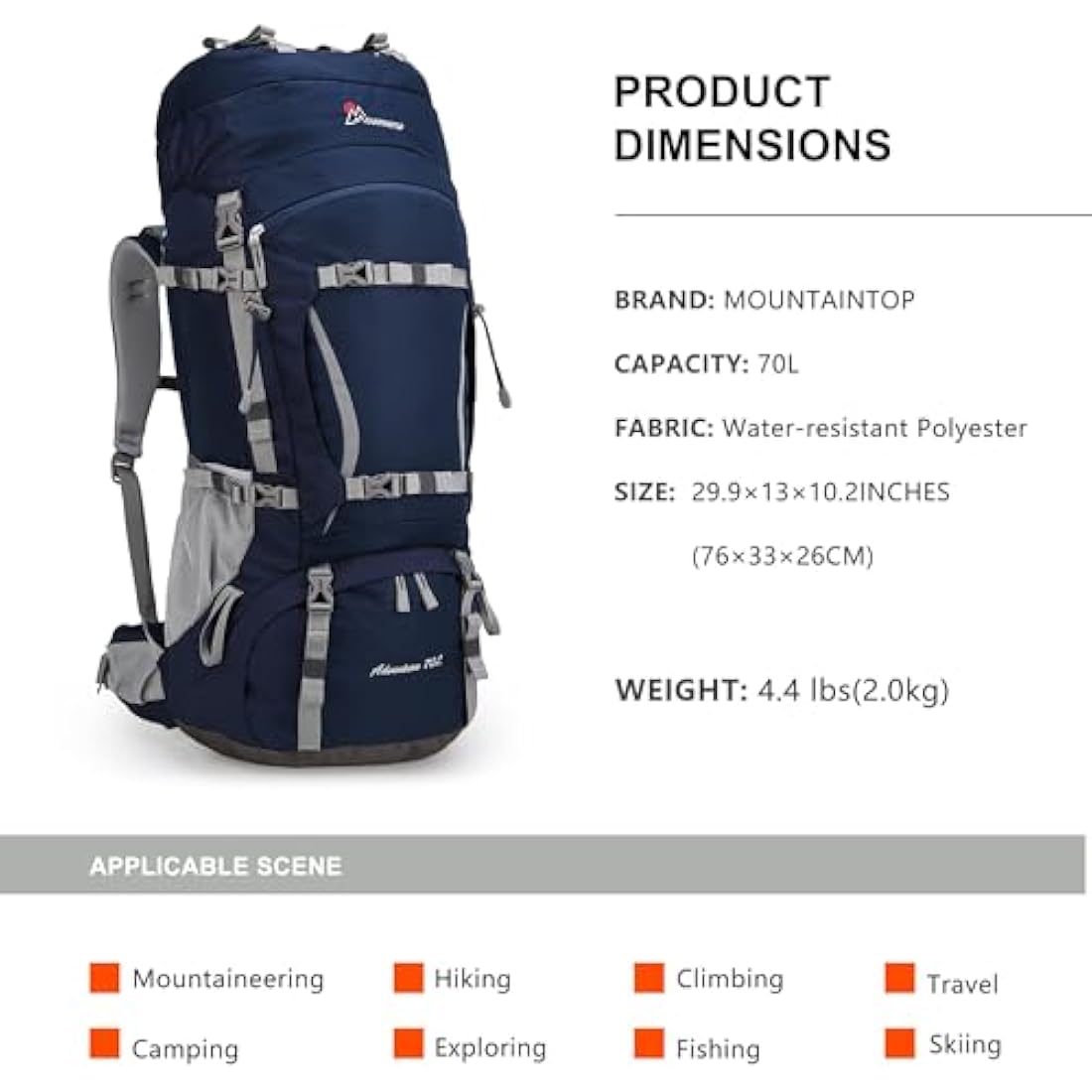 MOUNTAINTOP 70L Hiking Backpack water-resistant Internal Frame Backpacks Large Trekking Mountaineering Rucksack with Rain Cover for Men Women Cover Outdoor