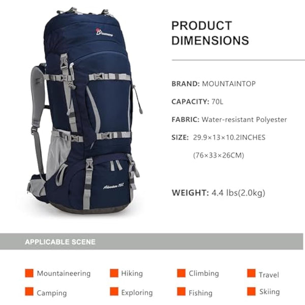 MOUNTAINTOP 70L Hiking Backpack water-resistant Internal Frame Backpacks Large Trekking Mountaineering Rucksack with Rain Cover for Men Women Cover Outdoor