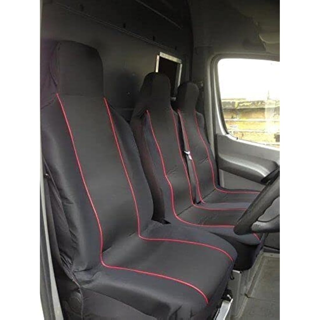 HMS FOR RENAULT TRAFIC ALL MODELS - Premium Luxury Van Seat Covers Single Drivers And Double Passengers Seat Covers - 2 + 1 - Black And Red Piping