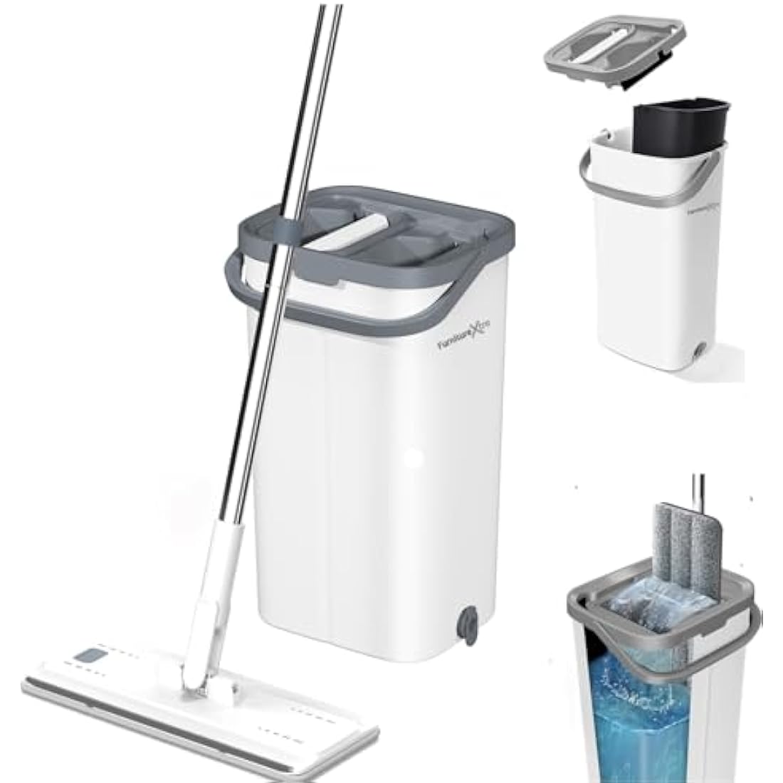 FurnitureXtra Mop and Bucket Set. Microfibre Flat Mop for Wet & Dry with Stainless Steel Handle, Twin Chamber Bucket Suitable for All Floor