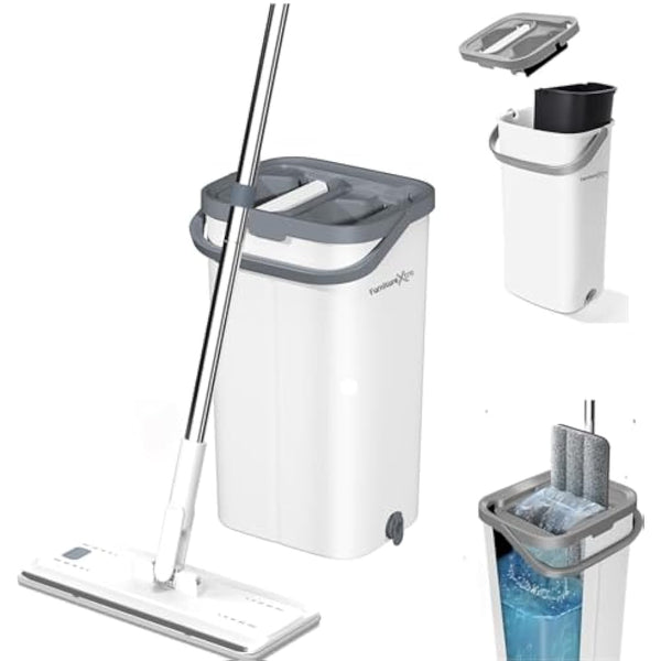 FurnitureXtra Mop and Bucket Set. Microfibre Flat Mop for Wet & Dry with Stainless Steel Handle, Twin Chamber Bucket Suitable for All Floor