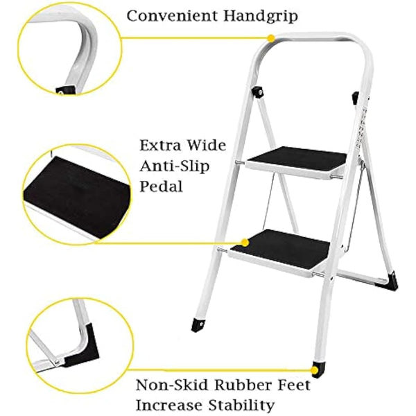 2 Step Ladder Portable Folding 2 Step Stool Heavy Duty Steel Ladder with Hand Rail and Anti-Slip Wide Pedal, Lightweight Stepladder for Home and Kitchen Use, 330lbs Capacity