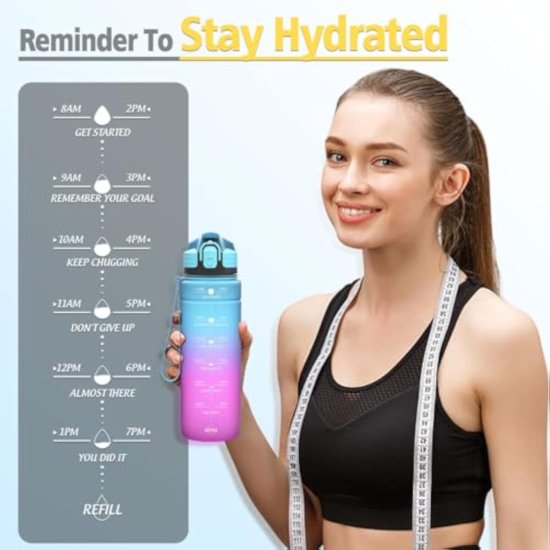 Niggeey Motivational Water Bottle with Time Marker, Sports Bottles 1.5l, 1l, 700ml, 500ml Kids Bottles, Leak Proof BPA Free Tritan Drink for School, Gym and Sport, Cycling, 24oz-bluepurple