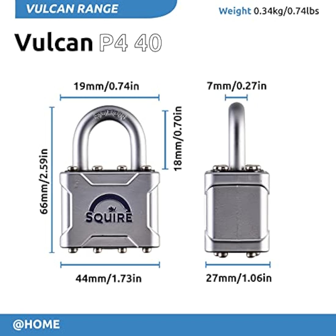 Squire Heavy Duty Padlock (Vulcan P4/40) - Toughest Open Shackle Vulcan Padlock - Steel Cast Alloy for Corrosion Resistance - Weatherproof Lock for Home, School & Shed (Silver, 40 mm)