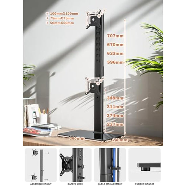 HEMUDU Dual Monitor Stand, Vertical Stack Screen Free-Standing Monitor Riser Fits Two 13 to 34 Inch Screen with Swivel, Tilt, Height Adjustable, Holds One (1) Screen up to 20kg HT05B-002P