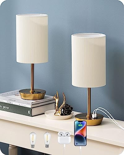 EDISHINE Bedside Lamps Set of 2, Touch Table Lamps with 2 USB Ports, Round Pleated Shade, 3 Way Dimmable Lamp for Bedroom, Living Room, Home Office, Gold (Bulb Included)