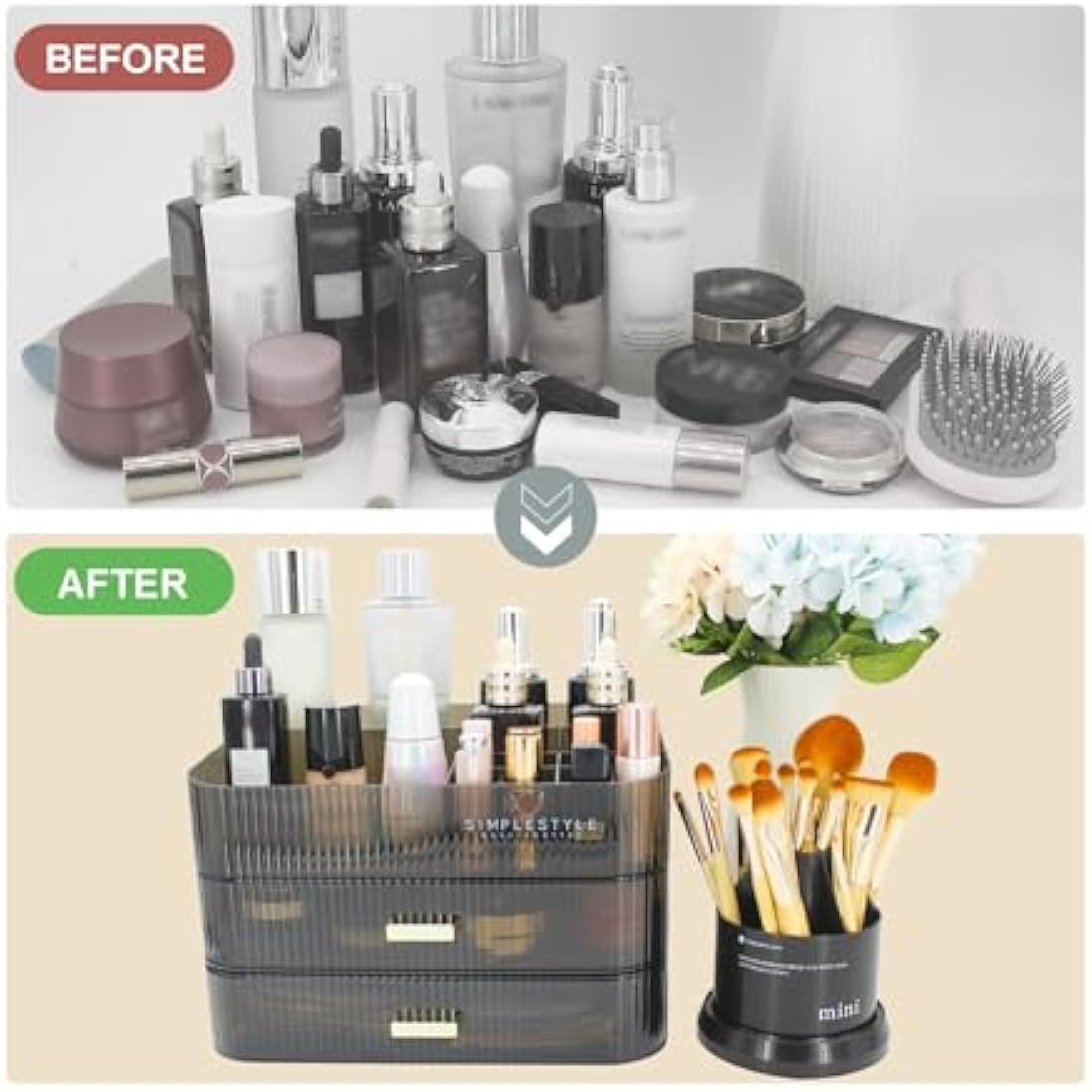 Womanht Makeup Organizer with 2 Drawers, Cosmetics Organizer for Bedroom and Bathroom Vanity Countertops, Large Capacity Cosmetic Storage Box for Skincare Cream Perfume Lipstick Dresser Counter-Black