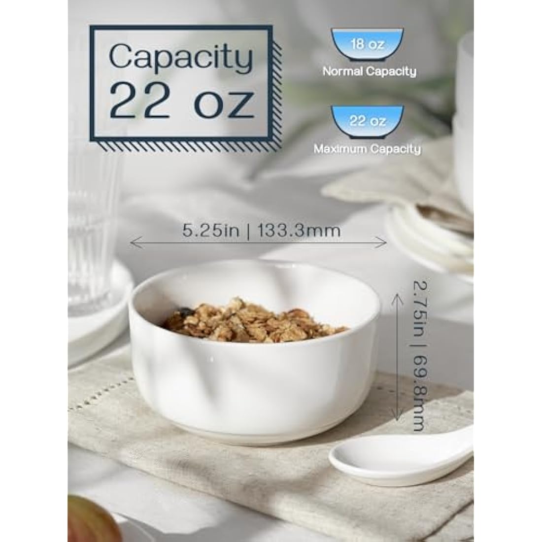 DOWAN Cereal Bowl, 650ml Ceramic Soup Bowls Set of 6 for Kitchen, Porcelain Bowls for Soup, Oatmeal, Rice, Ramen, Noodles, Fruit, Dishwasher Microwave Safe. Ø 13.3cm