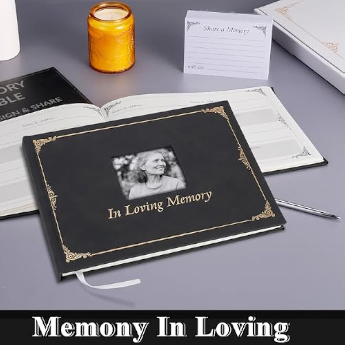 Funeral Memory Book, Leather Hardcover Funeral Guest Book with Gold Engraving, Memorial Guest Book, Book of Condolence with Memory Table Card Sign