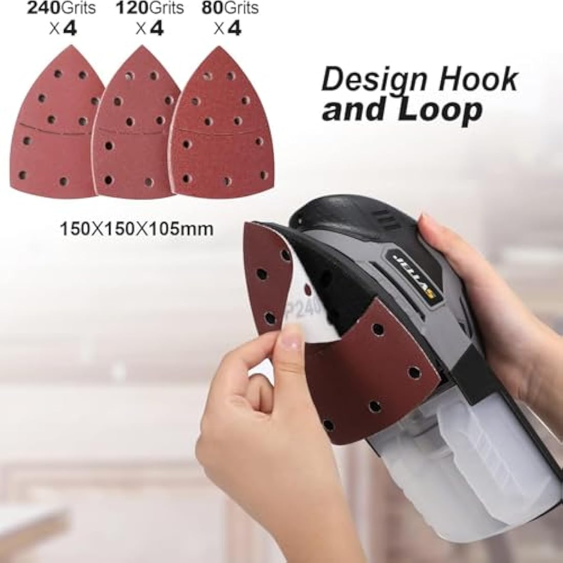 JELLAS Detail Mouse Sander, 220W Compact Sander Machine for Wood, 13,000 RPM Sanders with Dust Collection, 12PCS Standard Sandpapers, 4 Finger Attachment and Sanding Pad Included, JD2442