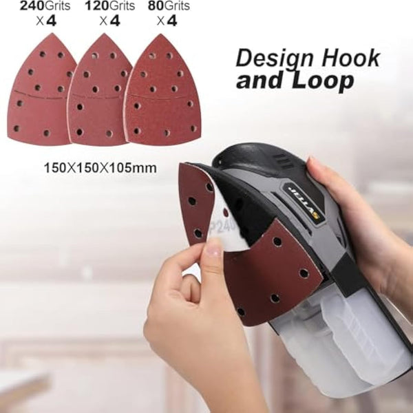 JELLAS Detail Mouse Sander, 220W Compact Sander Machine for Wood, 13,000 RPM Sanders with Dust Collection, 12PCS Standard Sandpapers, 4 Finger Attachment and Sanding Pad Included, JD2442