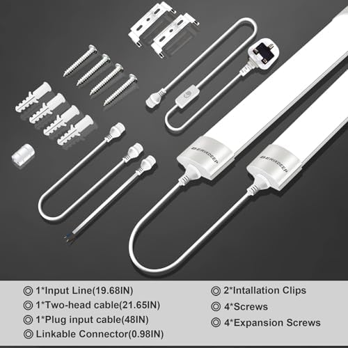 BERIXDEEP 2ft LED Batten Light 6500K Daylight, Linkable Plug in Strip Light for Garage, Workshop, Office, Wall, Kitchen, Shed, Waterproof Plug in Garage Lighting, 2FT, 60cm, 18W