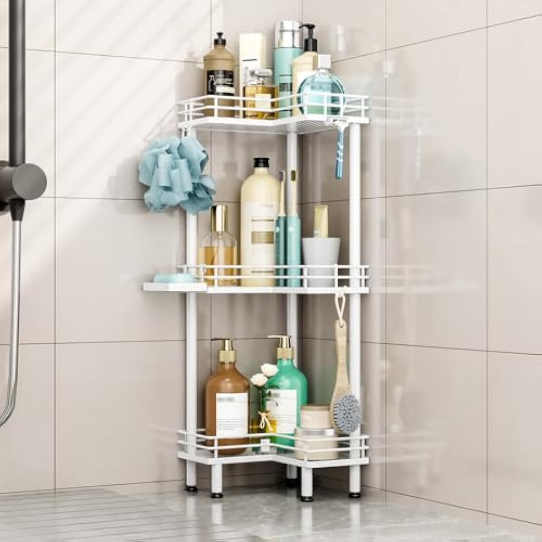HapiRm Freestanding Shower Caddy Corner - 3 Tier Shower Storage with Soap Holder, Stainless Steel Corner Bathroom Storage with 4 Hooks for Shampoo, Tall Floor Bathroom Caddy Freestanding