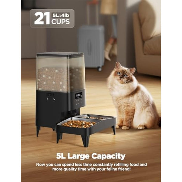 FEELNEEDY 5L Automatic Pet Feeder, Automatic Cat Feeder with Timer, Up to 6 Meals per Day with 2 Detachable Cat Bowls, Battery/Plug-in Power, 10s Voice Recording