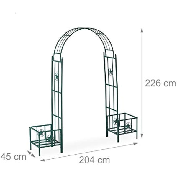 Relaxdays Rose Arch with Planters, Weatherproof, Metal Trellis, Climbers Support, Garden, HWD 226x204x45 cm, Green