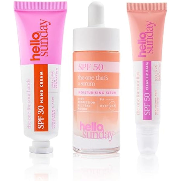 Hello Sunday The Everyday Essentials Bestsellers Kit | SPF Protection for Face, Lips & Hands with Hyaluronic Acid & Vitamin C
