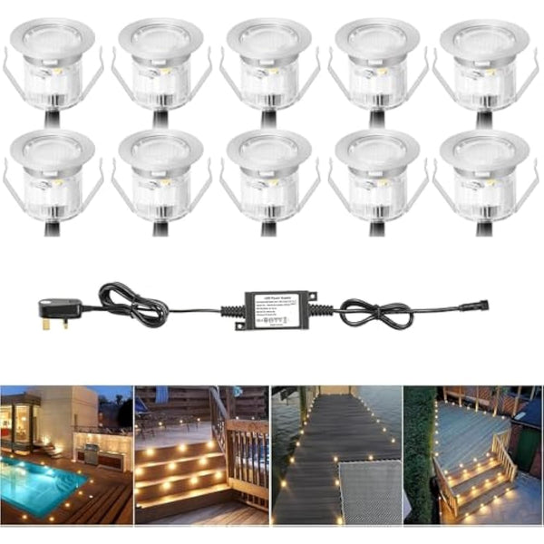 GEYUEYA Home Warm White Decking Lights, φ30mm LED Deck Lights 12V 0.6W IP67 Waterproof, Led Plinth Light for Terrace/Patio/Path/Wall/Garden/Decoration - 10 Packs