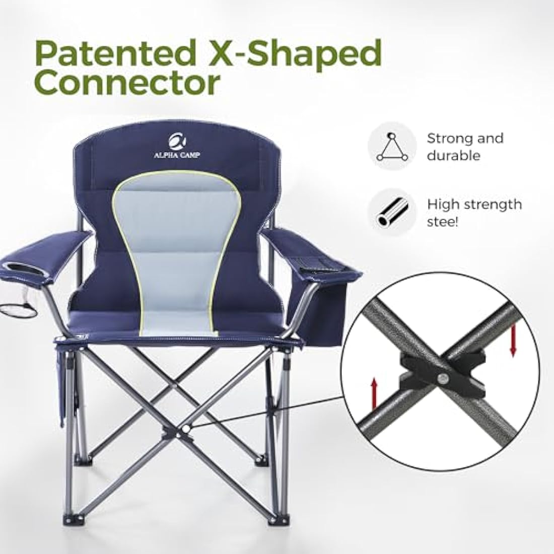 ALPHA CAMP Camping Chairs for Adults Heavy Duty Camping Chair Up to 200 kg Folding Camp Chair with Cup Holder and Cooler Bag for Outdoor Picnic Fishing, Lightweight and Portable, Navy Blue