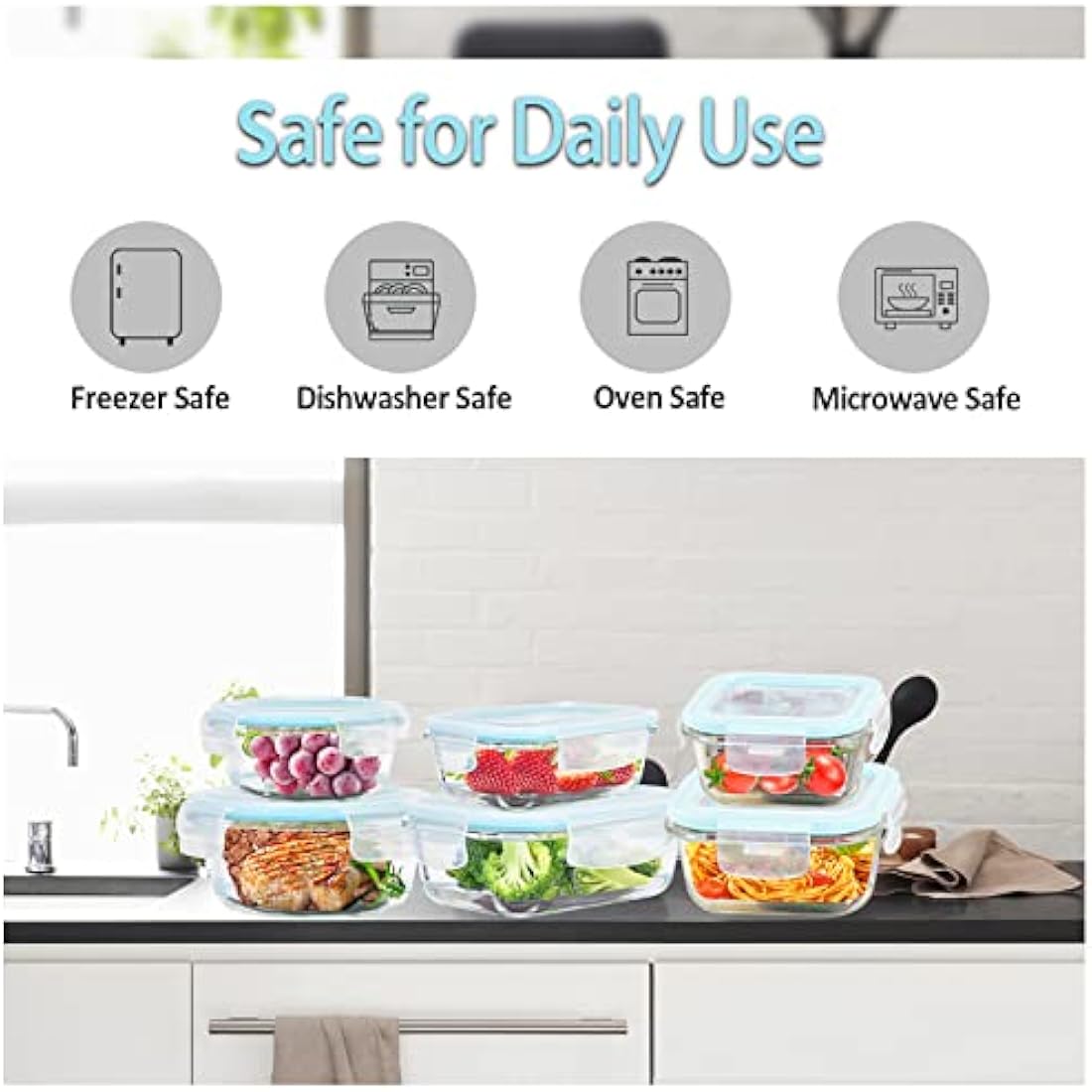 ROSOS Glass Food Storage Containers with Airtight Lids, 6 Pack Super Leak Proof Glass Containers with Lids, Not Easy Broken & BPA Free, Glass Food Containers with Lids for Freezer to Oven Safe, Blue