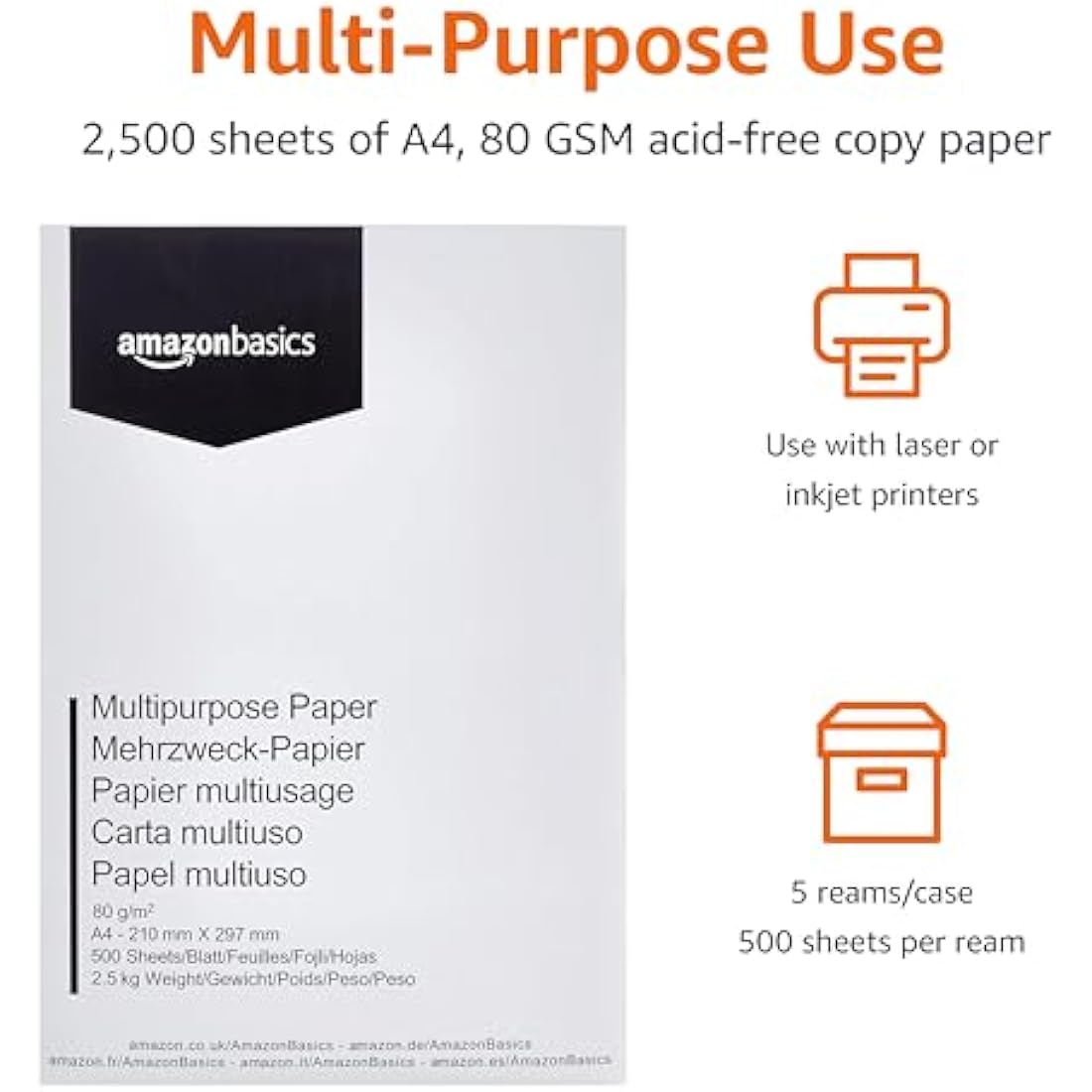 Amazon Basics Multi-Purpose Copy Printer Paper, A4 80 GSM, 2500 Count (Pack of 5), White
