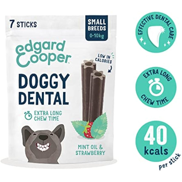 Edgard Cooper Treats Dental Stick, Small - Mint and Strawberry - (8 x 7 stick pack), Natural Dog Chew Sticks, Dental Hygiene, One per Day, Low Calorie, Long Chewing, Fresh Breath