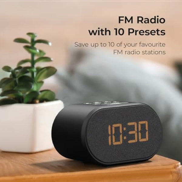 i-box Alarm Clocks Bedside, Radio Alarm Clock, Mains Powered or Battery, FM Radio, USB Charging Port, 5 Step Dimmable Display, Non Ticking, LED Display (Black)