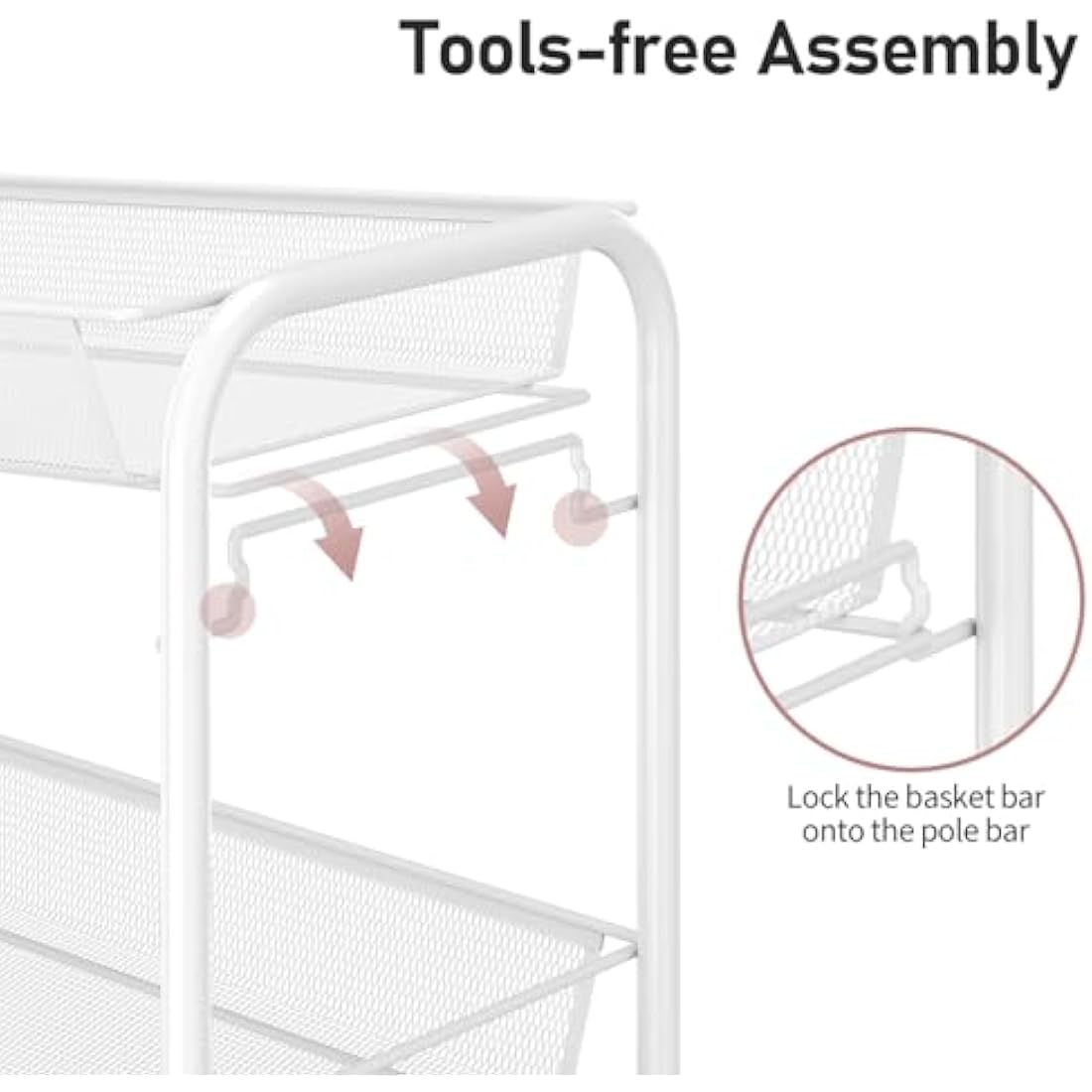 APEXCHASER 3-Tier Rolling Cart,Easy Assemble Mobile Storage Trolley On Wheels,Slide Out Utility Cart Shelving Units Kitchen Bathroom Laundry Room,White