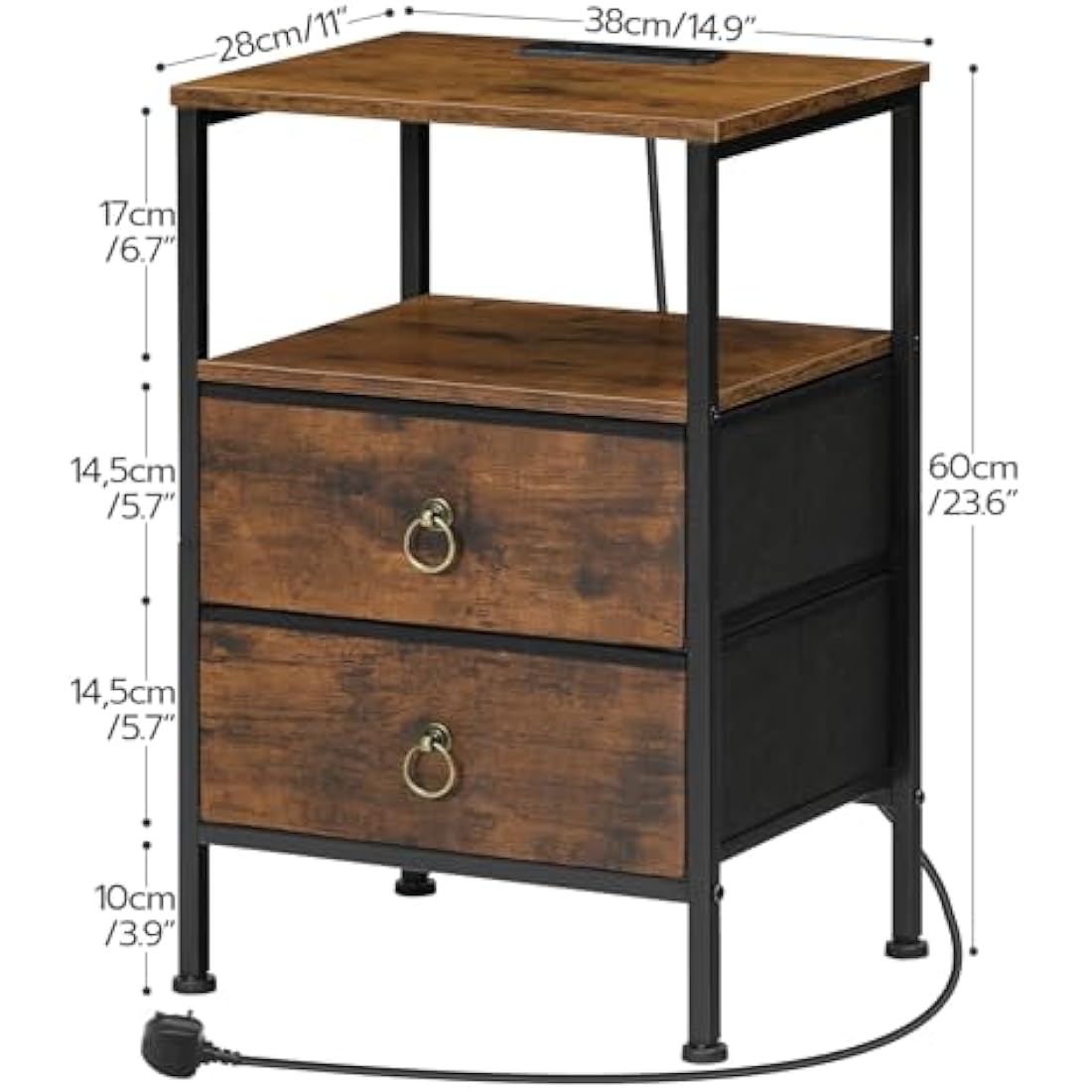 HOOBRO Bedside Table with Charging Station, Side Table with 2 USB Ports and Outlet, End Tables with 2 Fabric Drawers, Nightstand for Small Spaces, Rustic Brown and Black EBF110KBZ01