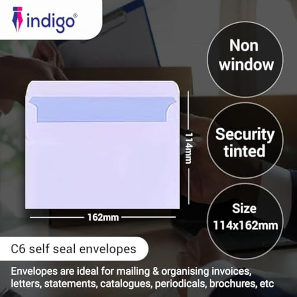 Indigo® C6 White Peel & Seal Envelopes – 114 x 162mm, Professional-Grade, Secure Mailing for Home, Office & Business (Pack of 500)