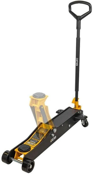 JCB 3 Tonne Hydraulic Long Trolley Jack, Heavy-duty, 525mm Max. Lift for Heavy-duty Automotive Tasks, Rotating Rear Wheels, 3 Year Warranty