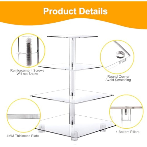 4 Tier Cupcake Stand Acrylic Tower Display with LED Light Premium Holder Dessert Tree Tower for Birthday Cady Bar Décor Weddings, Parties Events (Yellow Light)