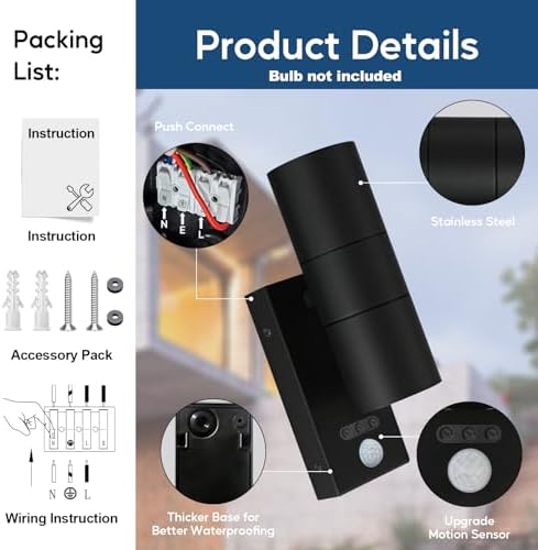 Kerry Outside Wall Lights with Sensor, IP65 Waterproof Up Down Outdoor Lighting, External Pir Wall Mount Security Light, Black Stainless Steel Exterior Light Mains Powered - 2 Pack (Bulb Excl.)
