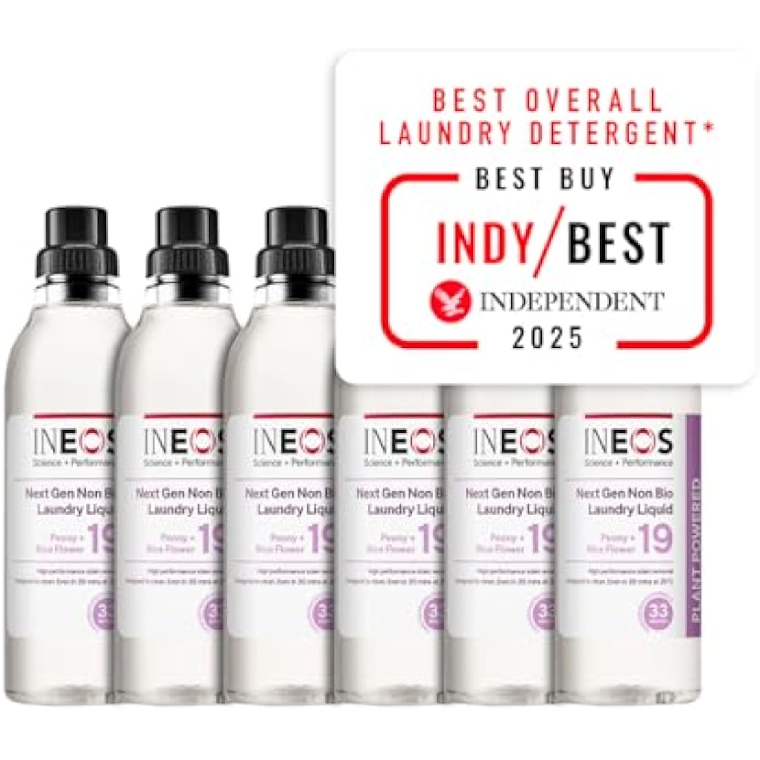 INEOS Next-Gen Non Bio Laundry Washing Liquid Detergent, 198 Washes (6 x 1L), High Performance Stain Remover For Clothes, Plant Powered, For Sensitive Skin, Peony + Rice Milk, Packaging May Vary