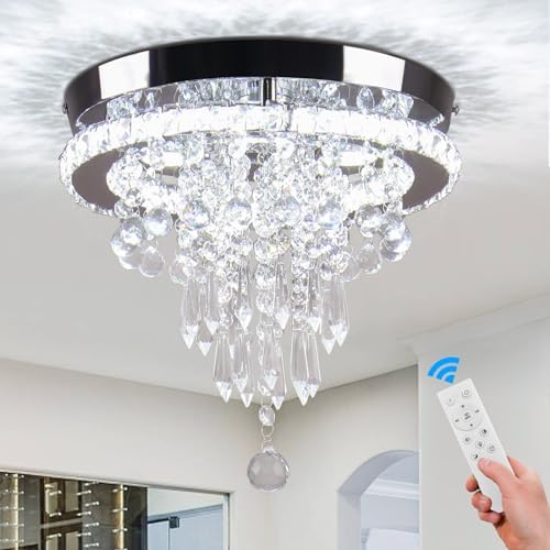 FRIXCHUR 11.8" Crystal Ceiling Light Modern Crystal Chandelier LED Flush Mount Ceiling Lighting 4 Tiers Crystal Raindrop Light Fixture for Bedroom Hallway (Dimmable)