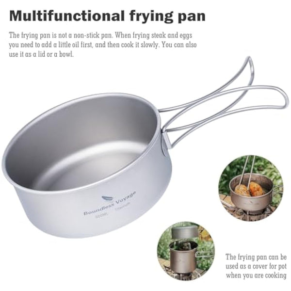 iBasingo Titanium Camping Pots Pans Set Lightweight Outdoor Backpacking Cookware with Folding Handle Compact Cooking Mess Kit Portable Travel Cookset, Rust-proof, Non-toxic