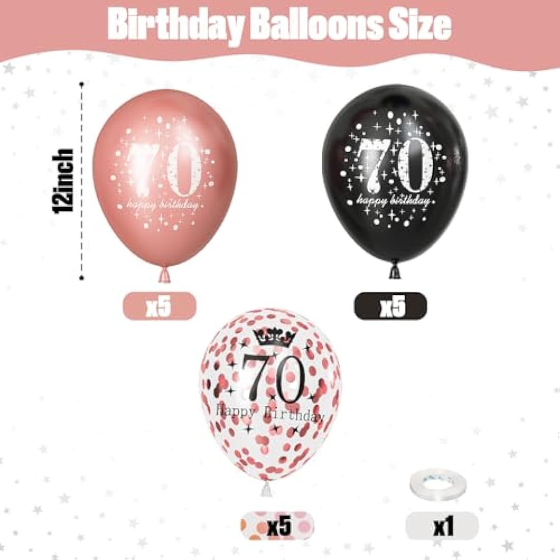 70th Birthday Decorations for Women, Black Rose Gold Happy 70th Birthday Latex Balloons Set, Pack of 15 70th Party Decor Balloons for Age 70 Years Old Birthday Party Decoration Celebration Supplies