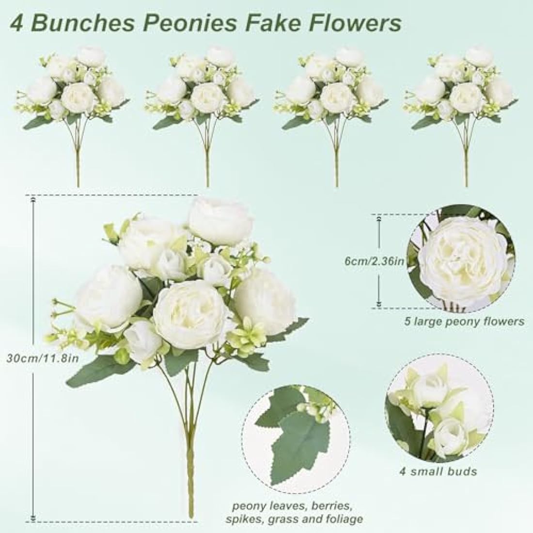 FADACHY 4 Bunches White Real Touch Silk Peonies Artificial Flowers - Lifelike Wedding & Home Table Decor, Garden Centerpieces & Indoor/Outdoor Arrangements