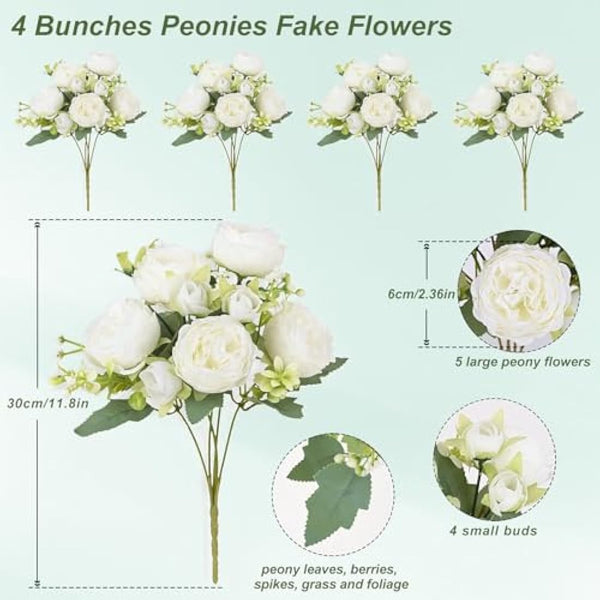 FADACHY 4 Bunches White Real Touch Silk Peonies Artificial Flowers - Lifelike Wedding & Home Table Decor, Garden Centerpieces & Indoor/Outdoor Arrangements