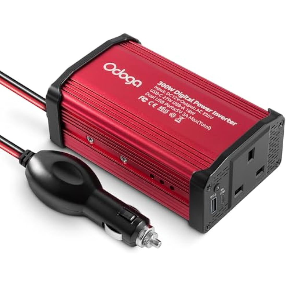 Odoga 300W Car Power Inverter 12V to 240V / 230V Converter, USB-A and USB-C 3A Charging Ports - Charge Your Laptop, iPad, iPhone, Tablet, Consoles & More - Durable and Powerful - Red Aluminum Body