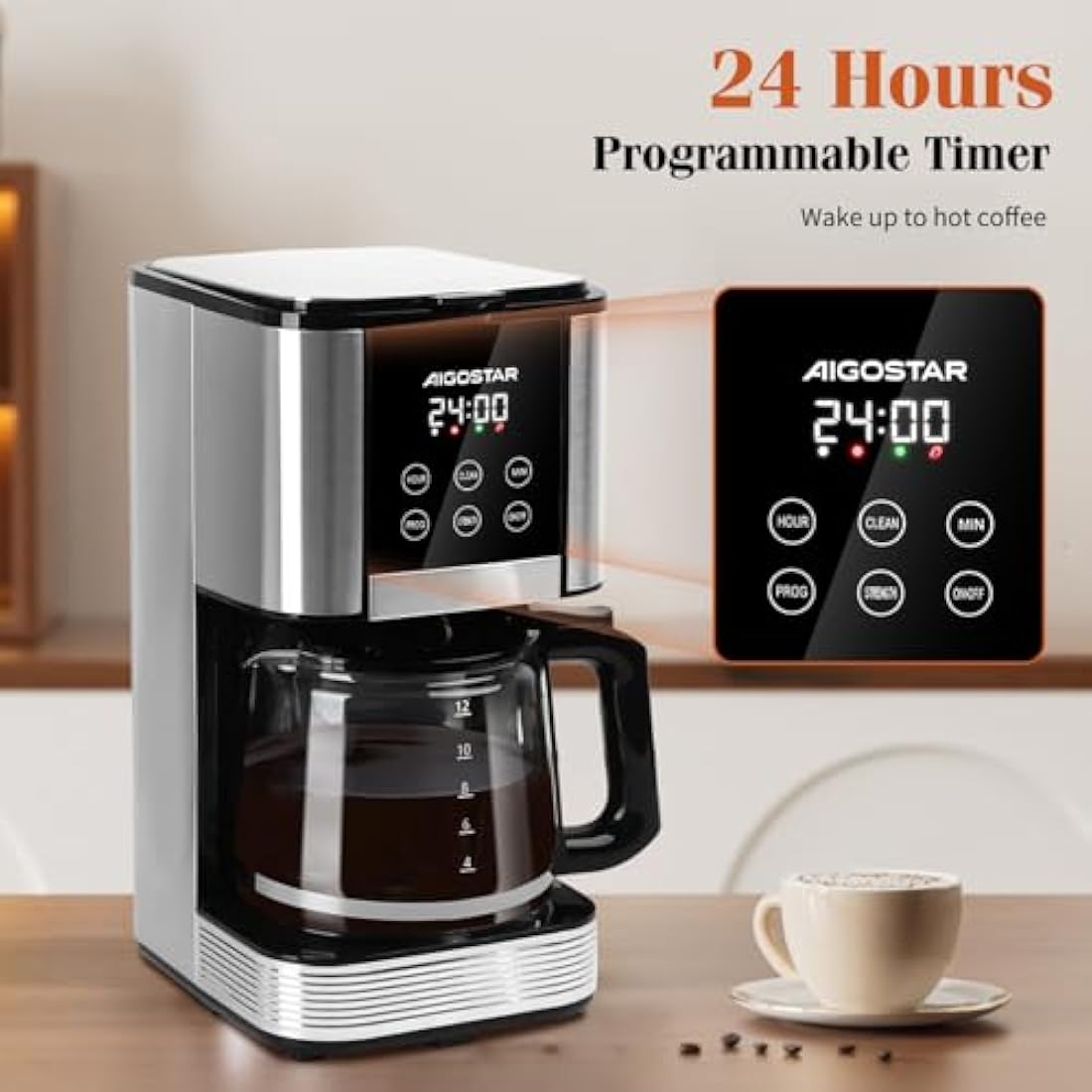 Aigostar Filter Coffee Machine with LED Touch Screen, 1.5L Programmable Coffee Maker with Timer, Regular & Strong Brewing, Pause & Serve, Keep Warm for 40min, Auto Clean, Stainless Steel, 1000W - Cora
