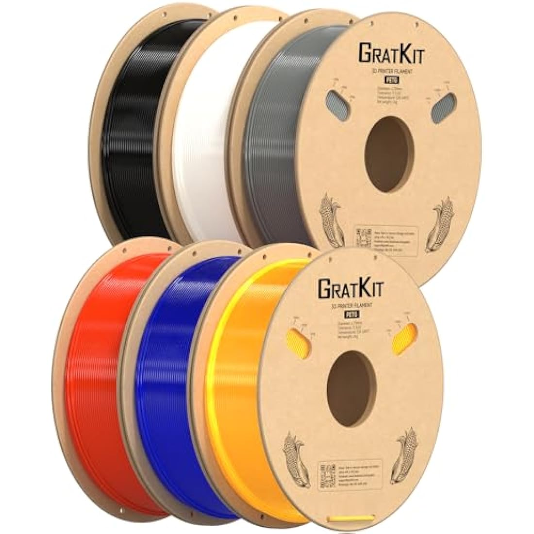 GratKit PETG Filament 1.75mm 6KG Bundle,3D Printer Filament PETG,Accuracy +/- 0.03mm,Fit Most 3D FDM Printers (6 Packs of 1KG Spools,Black,White,Gray,Red,Transparent Blue,Transparent Yellow)
