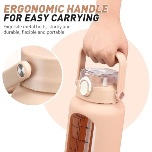 HYDRAGLAZIC 2L Glass Water Bottle with 2 Lids Flip and Chug Lids 2 Liter Large Water Jug with Time Marker and Silicone Sleeve BPA Free Leak-proof for Sports Gym, Amber