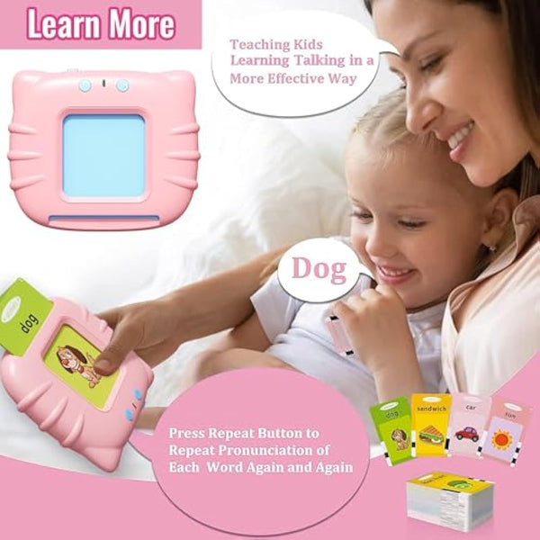 GUYUCOM Girls Toy Talking Flash Cards for 2,3,4 Years Old Kids, British Accent Speech Therapy Toys for Children, Autism Sensory Toddler Gifts with 112 Talking Flash Cards (Pink)