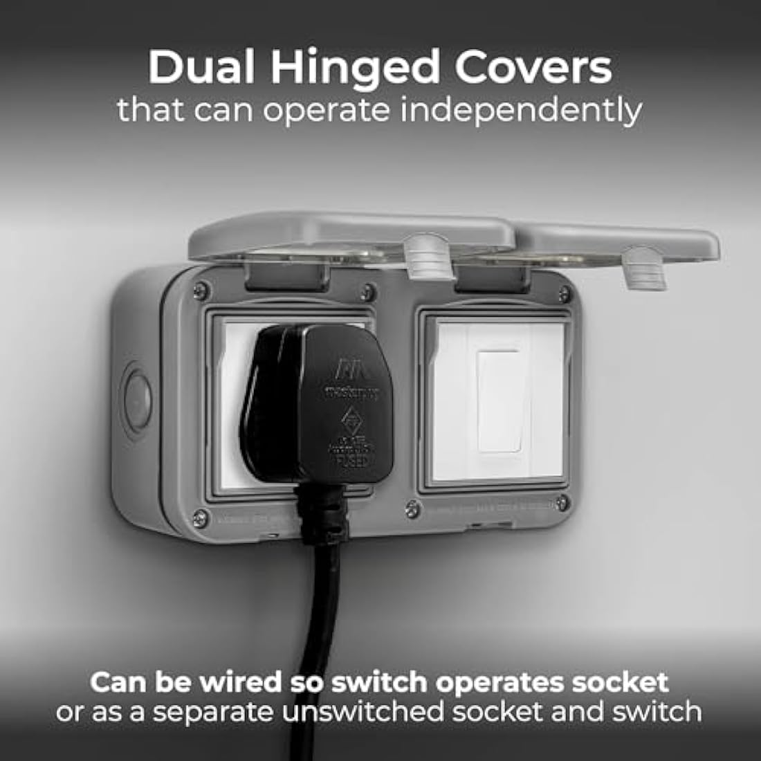 BG Electrical Outdoor Single Unswitched Power Wall Plug Socket and Single Wall Switch Combo, Weatherproof, 13A, IP55 Rated, WPB21