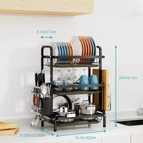 Dish Drainers Rack with Drip Tray, 3 Tier Large Dish Drying Rack with Draining Board and Cutlery /Chopping Board Holder over Sink, Dish Dryer Rack For Plate/Utensil on Kitchen Countertop (3-tier)