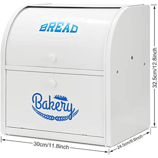 Hossejoy Metal Bread Box, Double Compartment Roll Top Countertop Bread Storage, Bread Bin Container Holder, Double Layer Breadbox Holds for your Kitchen Counter（White）