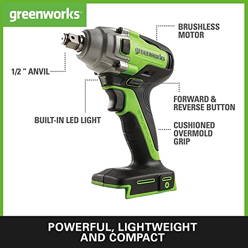 Greenworks GD24ID3 Cordless Impact Drill Driver with Brushless Motor, 2800rpm, 4000ipm, 300Nm Torque 1/4" Hex Chuck WITHOUT 24V Battery & Charger, 3 Year Guarantee
