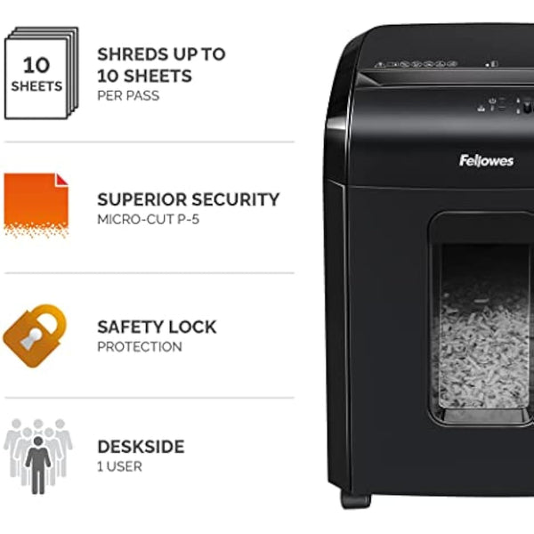 Fellowes Paper Shredder for Home Office Use - 10 Sheet Micro Cut Shredder for Home and Office Use - Deskside Shredder with 19 Litre Pull-Out Bin - Powershred 10M - Superior Security P5 - Black