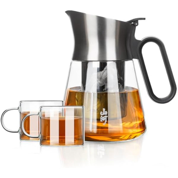 ZENS Glass Tea Infuser Teapot with 2 Cups, 680ML Small Loose Leaf Teapot with Stainless Steel Spout for Herbal Tea Diffusers, Design Oval Handle Clear Tea Infusers Pot for Tea Lovers Gifts